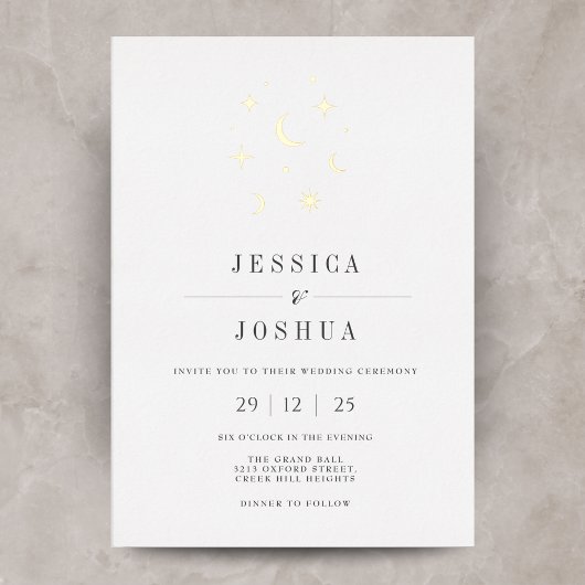 Hemelse minimalistische Star Moon Elegant Folie Uitnodiging