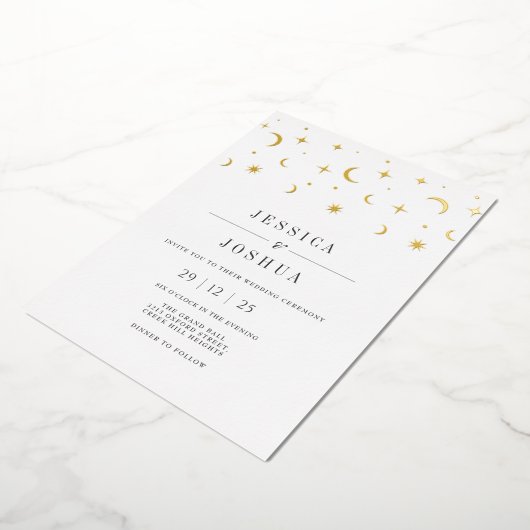 Hemelse minimalistische ster maan Elegant mystiek Folie Uitnodiging (Gedraaid)