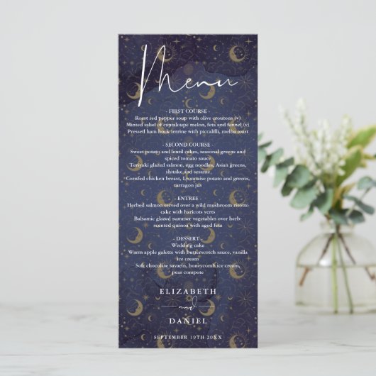 Hemelse Mistiche Elegante Script Bruiloft Diner Menu (Staand voorkant)