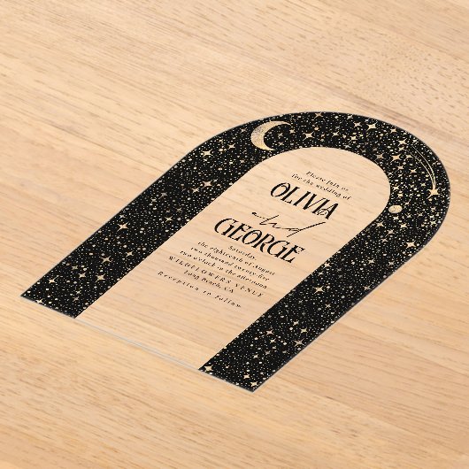 Hemelse Moderne Zwart Gouden Trouwboog Acryl Uitnodigingen (Laagn)