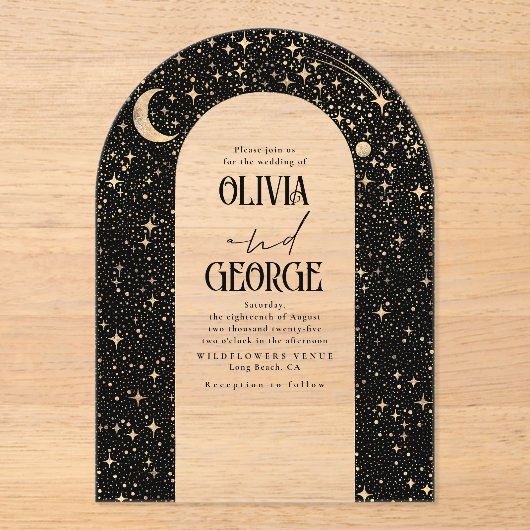 Hemelse Moderne Zwart Gouden Trouwboog Acryl Uitnodigingen (Voorkant)