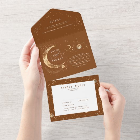 Hemelse Mystieke Maan Sterren Halo Bruiloft All In One Uitnodiging (Afscheurbaar)