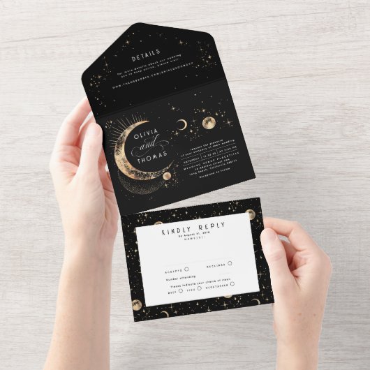 Hemelse Mystieke Maan Sterren Halo Bruiloft All In One Uitnodiging (Afscheurbaar)