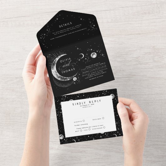 Hemelse Mystieke Maan Sterren Halo Bruiloft All In One Uitnodiging (Afscheurbaar)