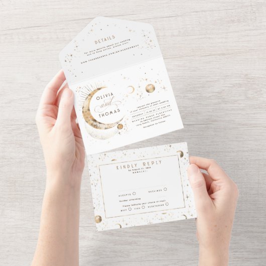 Hemelse Mystieke Maan Sterren Halo Bruiloft All In One Uitnodiging (Afscheurbaar)