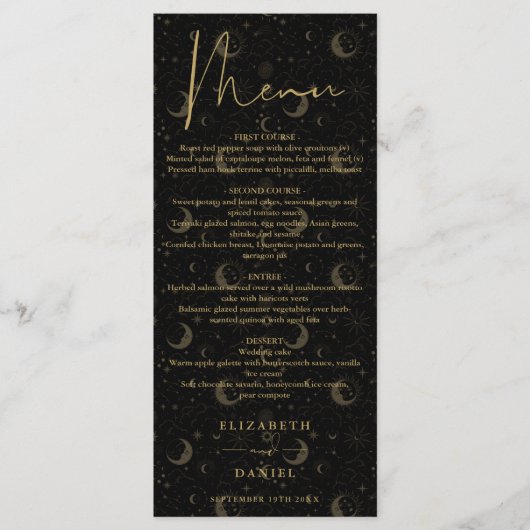 Hemelse Mystieke Zwart-Gouden Trouwdiner Menu (Voorkant)