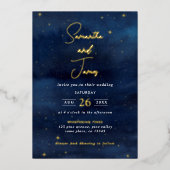 Hemelse Nacht Hemel Avond Huwelijk Blauw & Goud Folie Uitnodiging (Voorkant)