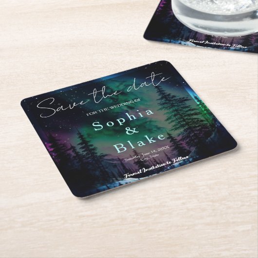 Hemelse Northern Lights Bruiloft Save the Date Kartonnen Onderzetters (Schuin)