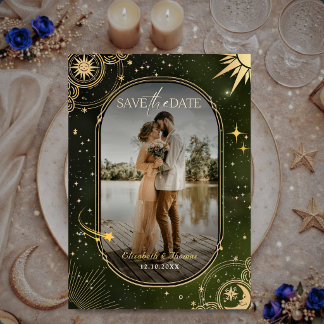 Hemelse Olijfgroene Maan Zon Bruiloft Save The Date