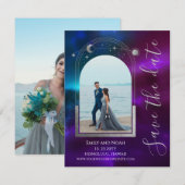 Hemelse Paarse Blauwgroen Zon Maan Sterren Wedding Save The Date (Voorkant / Achterkant)