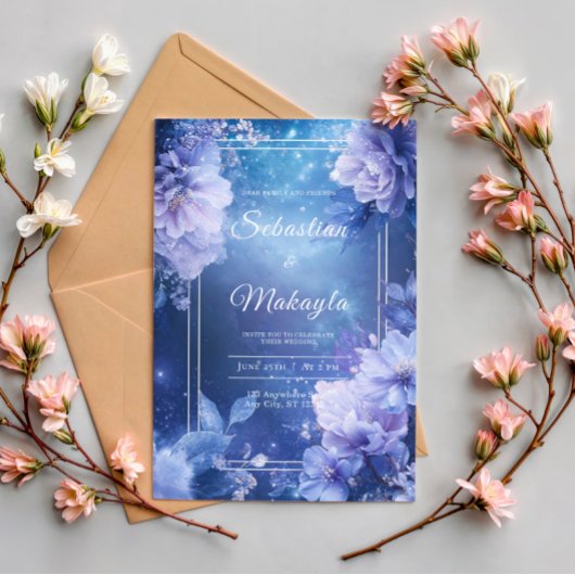 Hemelse Paarse Bloemen Huwelijksuitnodiging Kaart