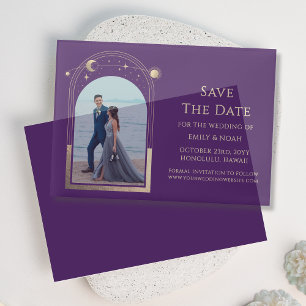 Hemelse Paarse Gouden Fotobruiloft Save The Date Vellum Uitnodigingen