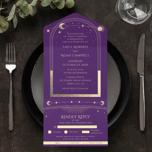 Hemelse Paarse Gouden Zon Maan Sterren Sterrennach All In One Uitnodiging