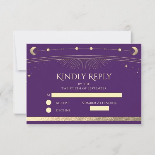 Hemelse Paarse Gouden Zon Maan Sterren Wedding RSVP Kaartje (Voorkant)