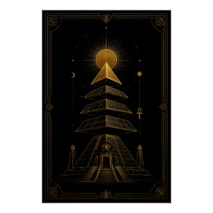 Hemelse piramide tempel in zwart en goud poster