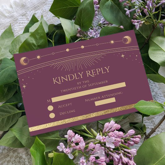 Hemelse Plum Gouden Zon Maan Sterren Huwelijk RSVP Kaartje