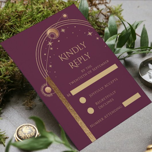Hemelse Plum Gouden Zon Maan Sterren Huwelijk RSVP Kaartje