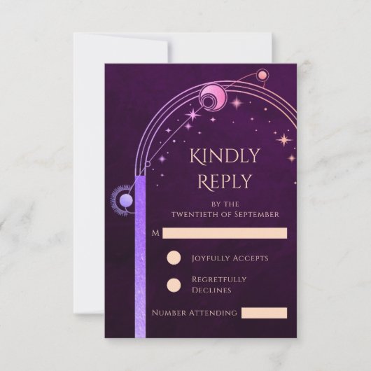 Hemelse Regenboog Deep Plum Sun Moon Stars Wedding RSVP Kaartje (Voorkant)