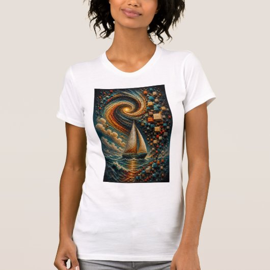 Hemelse Reis | Abstracte 3D Micro Mozaïek Zeilboot T-shirt (Voorkant)