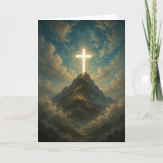 Hemelse religieuze kruis op een bergtop kaart (Voorkant)