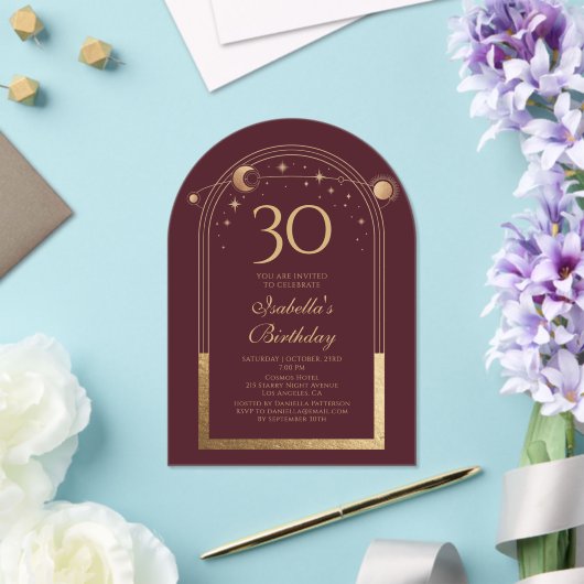 Hemelse Rode Gouden Zon Maan Sterren 30e Verjaarda Acryl Uitnodigingen (Insitu (Huwelijk))