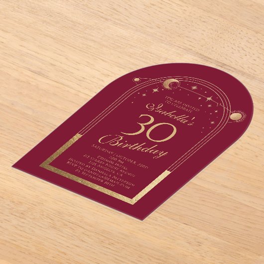 Hemelse Rode Gouden Zon Maan Sterren 30e Verjaarda Acryl Uitnodigingen (Laagn)