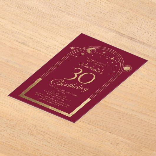 Hemelse Rode Gouden Zon Maan Sterren 30e Verjaarda Acryl Uitnodigingen (Laagn)