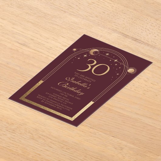 Hemelse Rode Gouden Zon Maan Sterren 30e Verjaarda Acryl Uitnodigingen (Laagn)