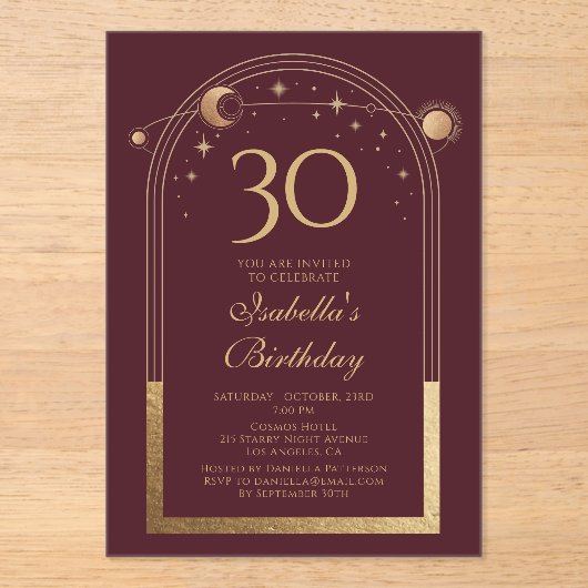 Hemelse Rode Gouden Zon Maan Sterren 30e Verjaarda Acryl Uitnodigingen (Voorkant)