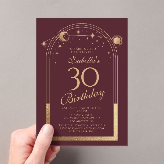 Hemelse Rode Gouden Zon Maan Sterren 30e Verjaarda Acryl Uitnodigingen (Insitu (Draagbaar))