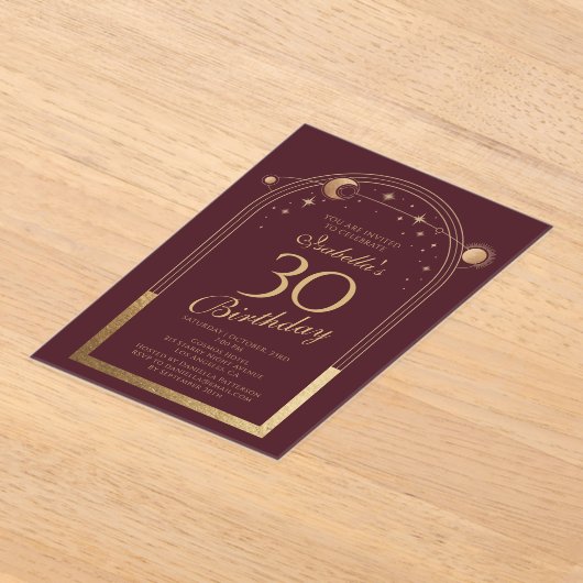 Hemelse Rode Gouden Zon Maan Sterren 30e Verjaarda Acryl Uitnodigingen (Laagn)