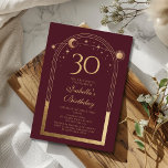 Hemelse Rode Gouden Zon Maan Sterren 30e Verjaarda Kaart<br><div class="desc">Celestial Red Gold Sun Moon Astronomy 30th Birthday Invitations beschikt over een elegante gouden zon, maan en sterren met een gouden lijst op een diep roze-rode achtergrond. Binnenin is uw aangepaste dertigste verjaardag uitnodiging informatie. Personaliseer door de tekst in de tekstvakken te bewerken. Ontworpen voor u door Evco Studio www.zazzle.com/store/evcostudio...</div>