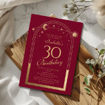 Hemelse Rode Gouden Zon Maan Sterren 30e Verjaarda Kaart<br><div class="desc">Celestial Red Gold Sun Moon Astronomy 30th Birthday Invitations beschikt over een elegante gouden zon,  maan en sterren met een gouden lijst op een rode achtergrond. Binnenin is uw aangepaste dertigste verjaardag uitnodiging informatie. Personaliseer door de tekst in de tekstvakken te bewerken. Ontworpen voor u door Evco Studio www.zazzle.com/store/evcostudio</div>