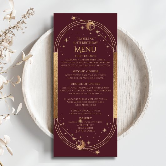 Hemelse Rode Gouden Zon Maan Sterren 30e Verjaarda Menu