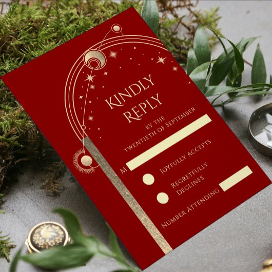 Hemelse Rode Gouden Zon Maan Sterren Huwelijk RSVP Kaartje