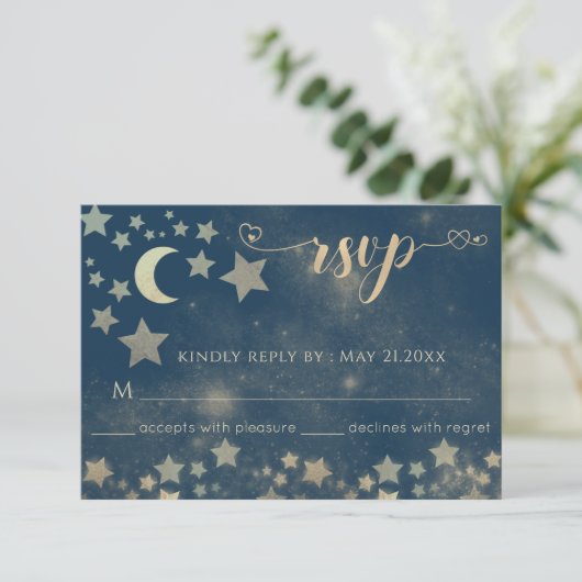 Hemelse romantische maan en sterren kalligrafie RS RSVP Kaartje (Staand voorkant)