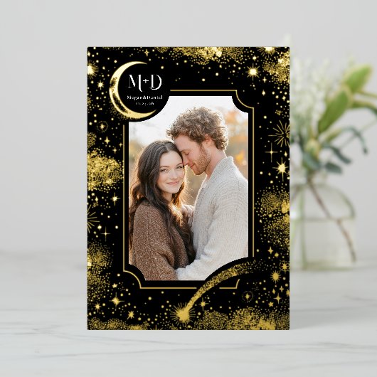 Hemelse Romantische Sterrennacht Trouwfoto Folie Uitnodiging (Staand Voorkant)