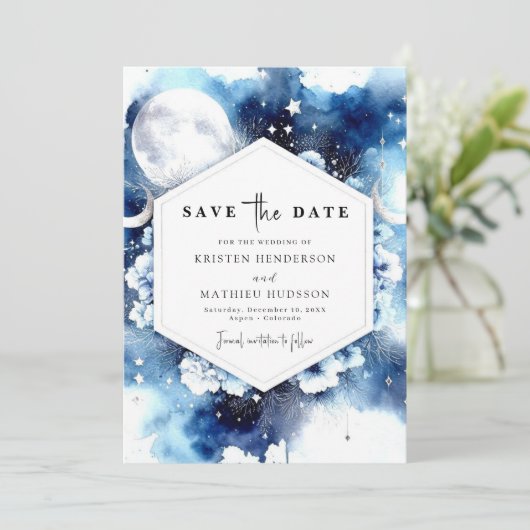 Hemelse rustieke maanverlichte bruiloft save the date (Staand voorkant)