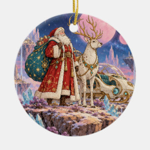 Hemelse Sci-Fi Kerstman en Rendier Fantasie Kerst Keramisch Ornament