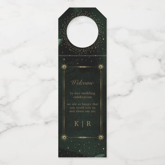 Hemelse Smaragd Gouden Bruiloft Flessenhanger (Voorkant)