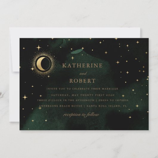 Hemelse Smaragd Gouden Maan Bruiloft Kaart (Voorkant)