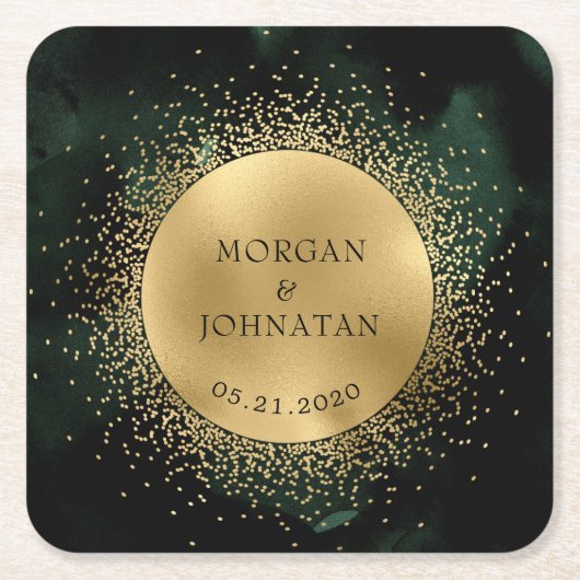 Hemelse Smaragd Gouden Maan Bruiloft Kartonnen Onderzetters (Voorkant)