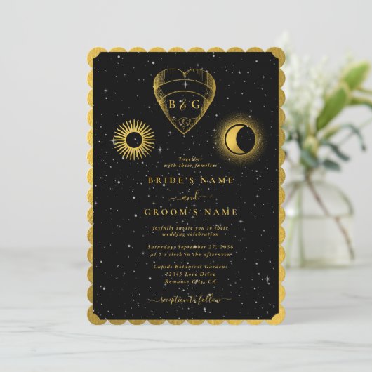 Hemelse Sterren Halve Maan Zwart Gouden Bruiloft Kaart (Staand voorkant)