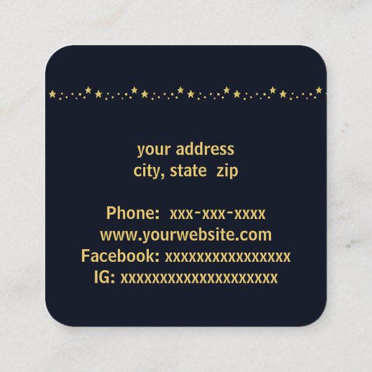 Hemelse sterren in goud op blauw vierkante visitekaartje (Achterkant)