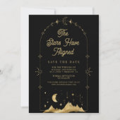 Hemelse sterren Zwart Goud Halve Maan Bruiloft Save The Date (Voorkant)