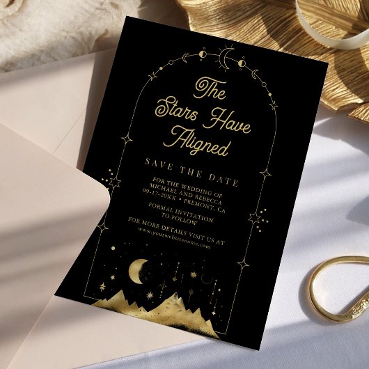 Hemelse sterren Zwart Goud Halve Maan Bruiloft Save The Date