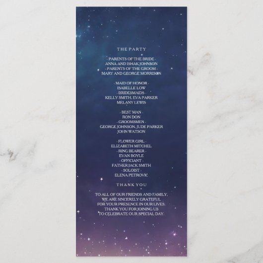 Hemelse Sterrennacht huwelijksprogramma Programmakaart (Achterkant)