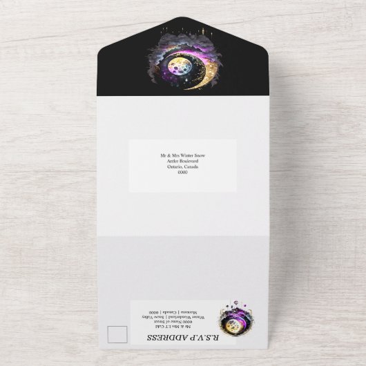 Hemelse sterrennacht maan sterren mythische gloed all in one uitnodiging (Buitenkant)