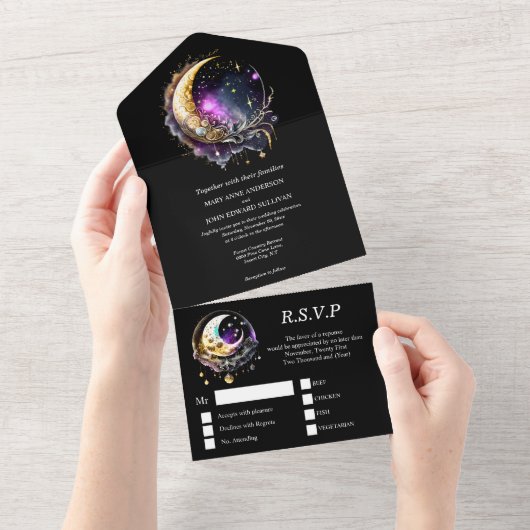 Hemelse sterrennacht maan sterren mythische gloed all in one uitnodiging (Afscheurbaar)