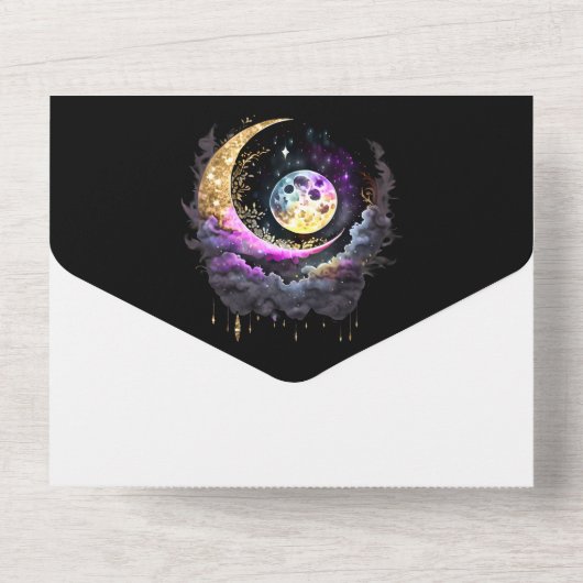 Hemelse sterrennacht maan sterren mythische gloed all in one uitnodiging (Achterkant)